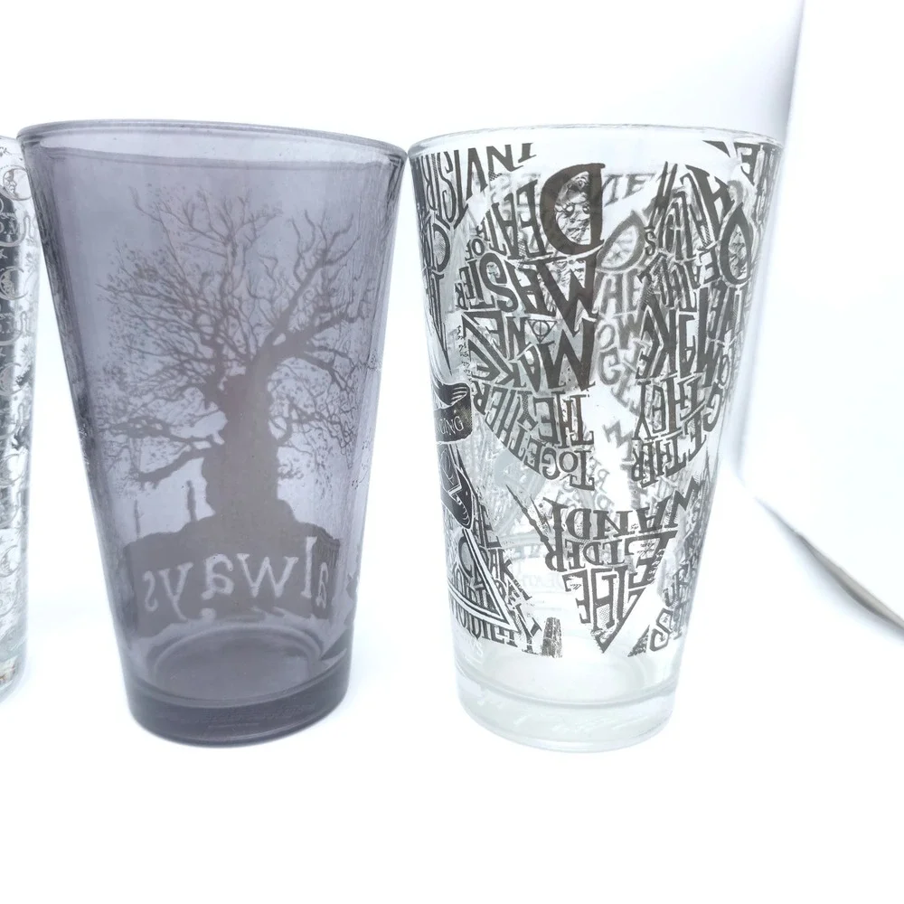 Harry Potter Pint Glass Set 4pc 16oz. Marauder's Map Deathly Hallows Always Gift